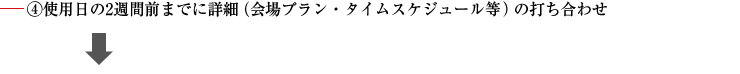 ④使用日の2週間前までに詳細（会場プラン・タイムスケジュール等）の打ち合わせ